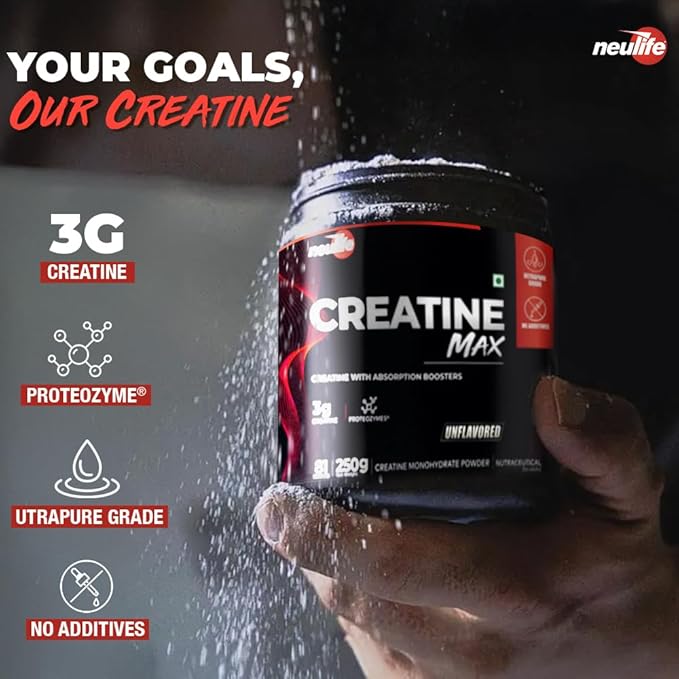 Neulife Creatine-MAX 100%, 81 servings Pure Micronized Creatine Monohydrate Powder 250g - Enhanced Absorption Boosters - Heavy Metal Free - Muscle Strength, Recovery & Performance - Unflavored