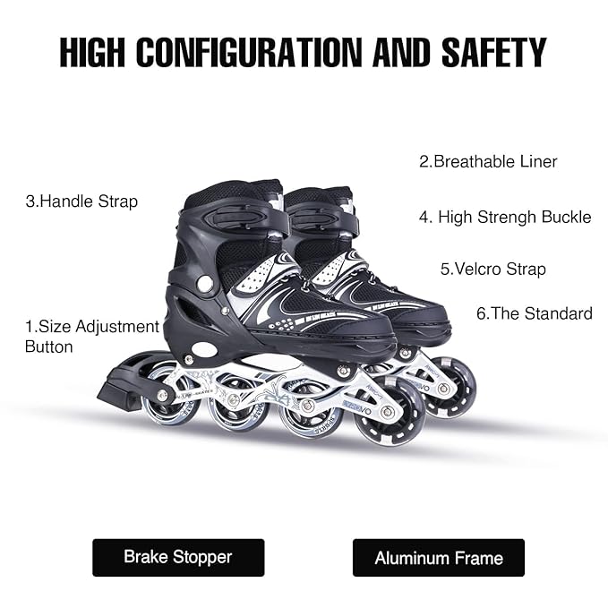 TEKCOOL 4 Wheels Adjustable Inline Skates Skating Shoes for Boys Kids Girls Skating Shoe Adjustable Roller Blades Age 6 to 15 Years PU Strong Wheels Aluminium with LED Flash Light on Wheels