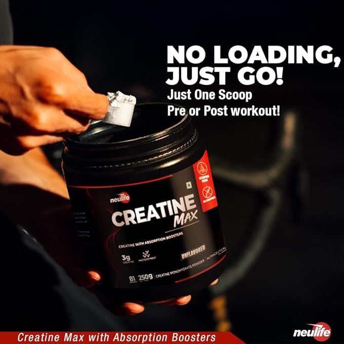 Neulife Creatine-MAX 100%, 81 servings Pure Micronized Creatine Monohydrate Powder 250g - Enhanced Absorption Boosters - Heavy Metal Free - Muscle Strength, Recovery & Performance - Unflavored