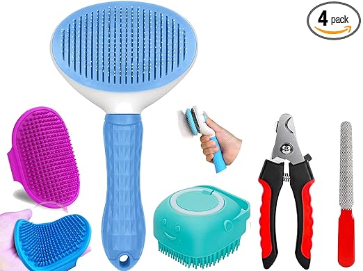 Style Keepers 4-in-1 Pet Grooming Kit for Dogs & Cats – Includes Self Cleaning Brush, Cat Comb, Silicone Bath Scrubber & Nail Clipper | Grooming Tools for All Hair Types | Dog Brush Kit