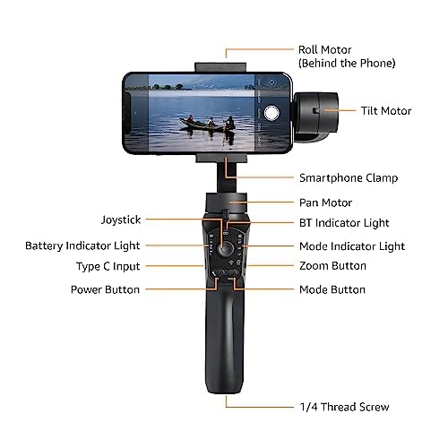 Handheld Gimbal Stabiliser with 3-Axis Feature and Tripod, Facial Tracking, Time Lapse, FPV, Up to 12 Hours Operational Time, Compatible with All Smart Phones (Dark Grey)