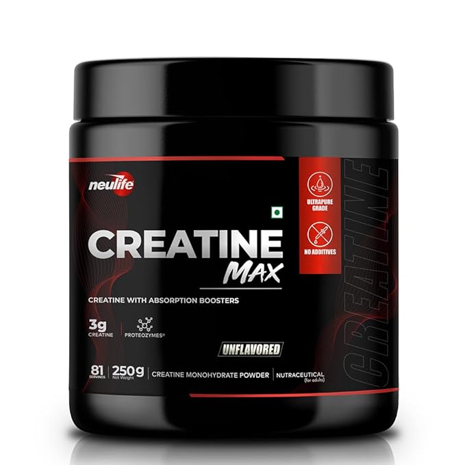 Neulife Creatine-MAX 100%, 81 servings Pure Micronized Creatine Monohydrate Powder 250g - Enhanced Absorption Boosters - Heavy Metal Free - Muscle Strength, Recovery & Performance - Unflavored