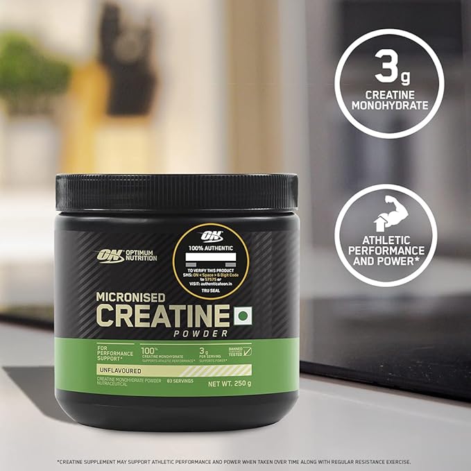 Optimum Nutrition (ON) Micronized Creatine Powder - 250 Gram, 83 Serves, 3g of 100% Creatine Monohydrate per serve, Supports Athletic Performance & Power, Unflavored