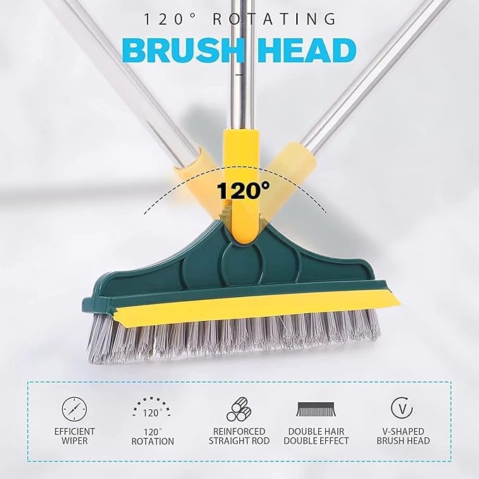 TRAXITO Bathroom Cleaning Brush with Wiper 2 in 1 Tiles Cleaning Brush Floor Scrub with Long Handle 120° Rotate Bathroom Wiper Also for Toilet Bathroom Cleaning Accessories (2 in 1 Tiles Brush)