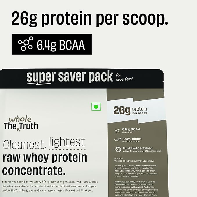 The Whole Truth Whey Protein Concentrate Unflavoured | 2 kg (4.4 lbs) | 26g Protein per scoop | 6.4g BCAA | 100% Authentic Whey & No Adulteration | Clean and Light | Muscle Building | Vegetarian