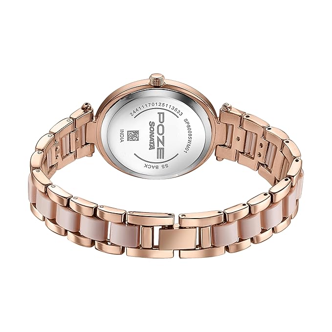 Sonata Poze Quartz Analog Light Brown MOP Dial Solid Link Strap Watch for Women