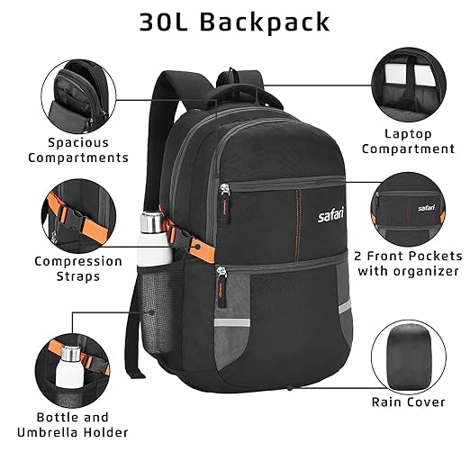 Safari Omega spacious/large laptop backpack with Raincover, college bag, travel bag for men and women, Black, 30 Litre