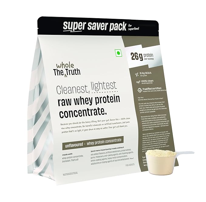 The Whole Truth Whey Protein Concentrate Unflavoured | 2 kg (4.4 lbs) | 26g Protein per scoop | 6.4g BCAA | 100% Authentic Whey & No Adulteration | Clean and Light | Muscle Building | Vegetarian
