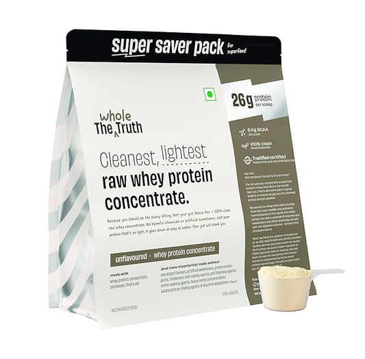 The Whole Truth Whey Protein Concentrate Unflavoured | 2 kg (4.4 lbs) | 26g Protein per scoop | 6.4g BCAA | 100% Authentic Whey & No Adulteration | Clean and Light | Muscle Building | Vegetarian