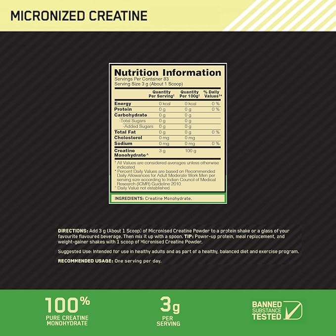 Optimum Nutrition (ON) Micronized Creatine Powder - 250 Gram, 83 Serves, 3g of 100% Creatine Monohydrate per serve, Supports Athletic Performance & Power, Unflavored