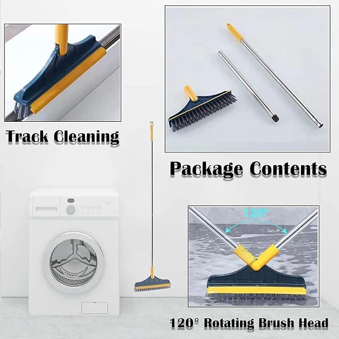 TRAXITO Bathroom Cleaning Brush with Wiper 2 in 1 Tiles Cleaning Brush Floor Scrub with Long Handle 120° Rotate Bathroom Wiper Also for Toilet Bathroom Cleaning Accessories (2 in 1 Tiles Brush)